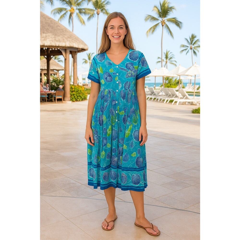 La Cera Floral Cotton Crinkled Button Down Dress,Relaxed Sz-M